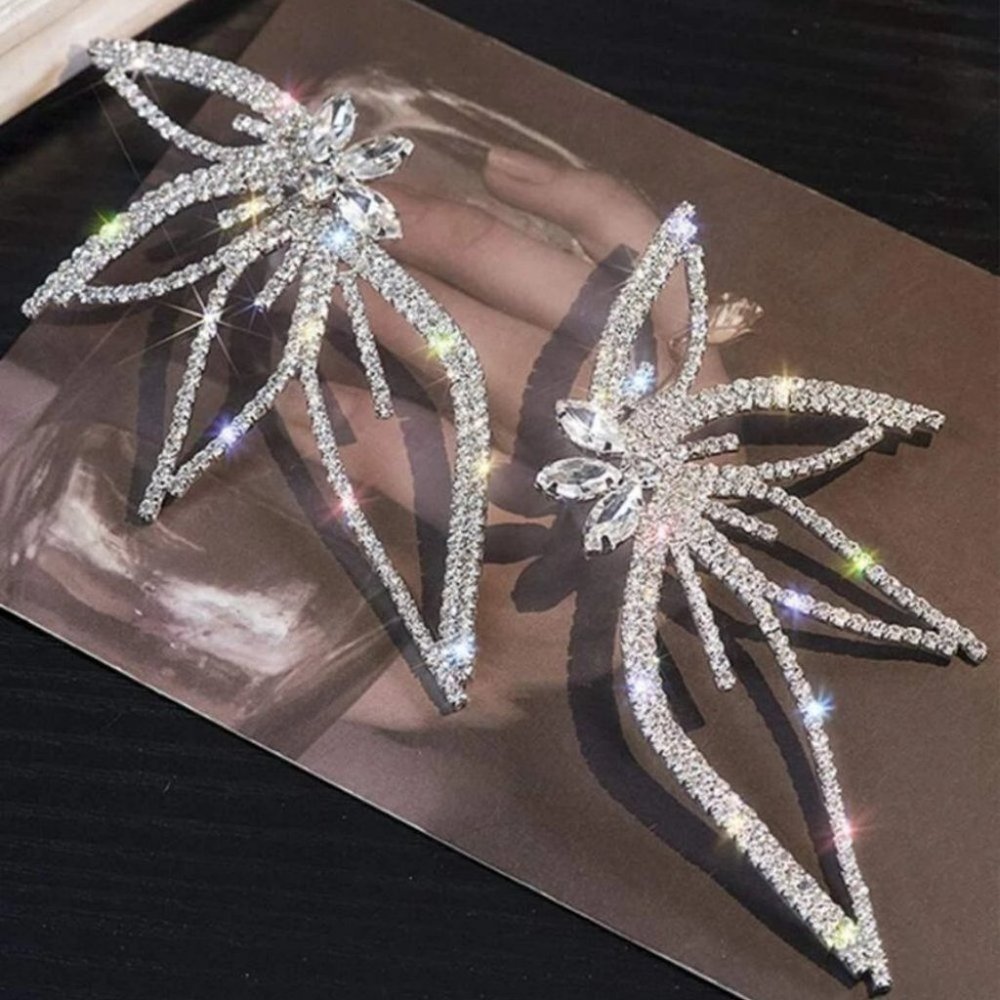 Silver Rhinestone Leaf Design Studded Earrings - Picture 4 of 12